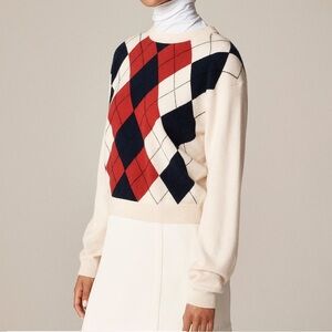 J crew ivory red Perfect cashmere crewneck sweater in argyle